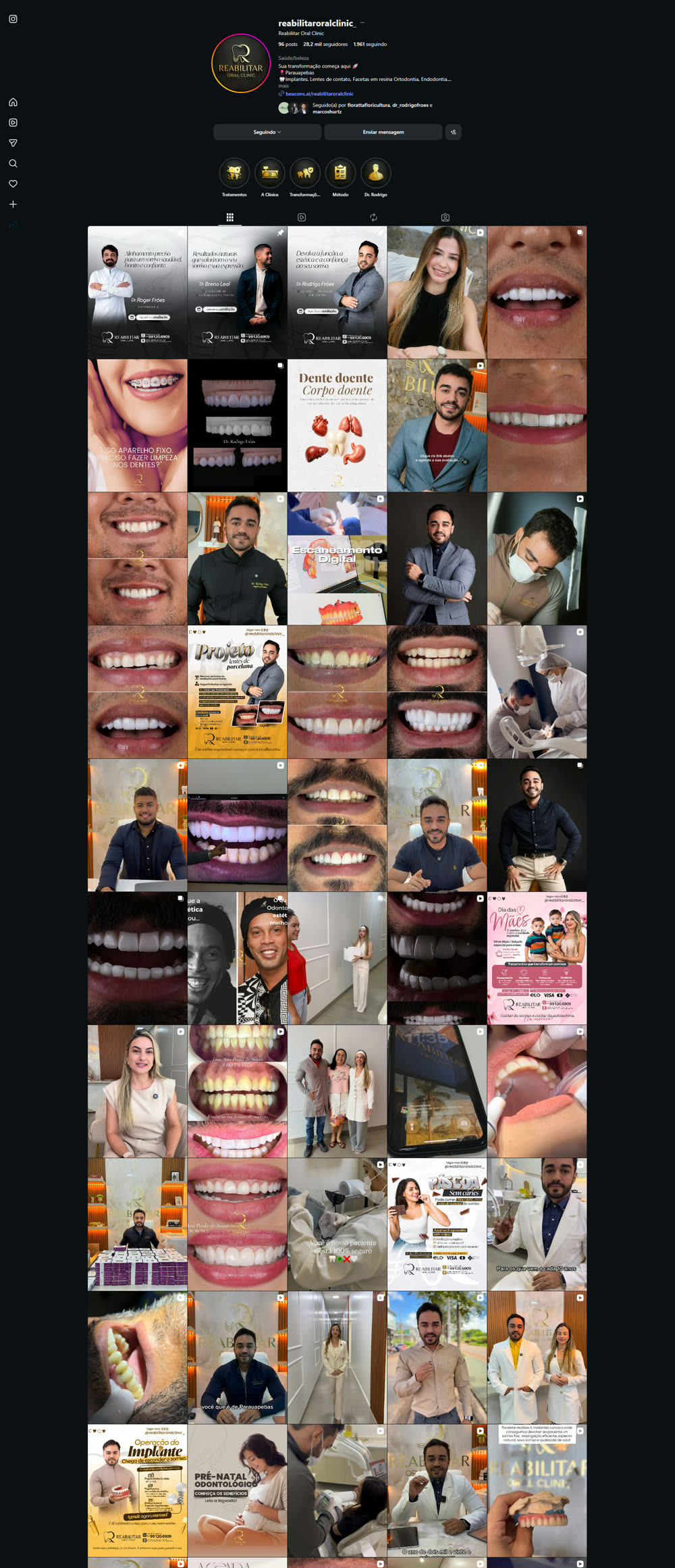 Recorte do Instagram da Reabilitar com casos odontológicos e presença do Dr. Rodrigo